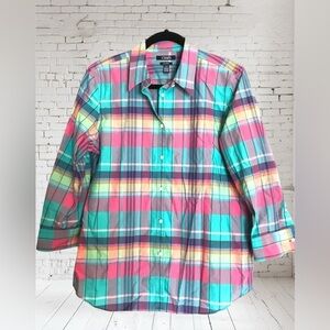 Women’s Chaps Colorful Plaid Button Up 3/4 sleeve shirt size Large